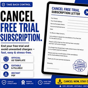 Cancel Free Trial Subscription PDF US Editable Fillable Instant Download
