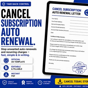 May include: A digital tablet displays a "Cancel Subscription Auto Renewal Letter" template. The document is white with black text, and the tablet is set against a blue and white background. Text includes "Cancel Today, Stop Charges."