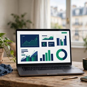 May include: A laptop computer displaying a dashboard with various data visualisations, including line graphs, bar charts, and a pie chart in shades of green and dark blue. The screen also features a small Euro currency symbol icon.