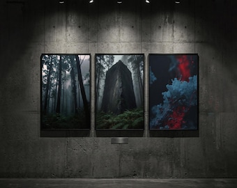 Decoración de pared espeluznante para sótanos, láminas de terror oscuro, estilo de cine analógico (descarga digital)