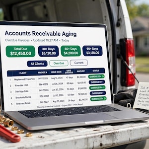 May include: A laptop displaying an Accounts Receivable Aging dashboard with overdue invoice data, positioned on a work surface alongside a red pipe wrench, brass plumbing fittings, and a sticky note with handwritten job details.