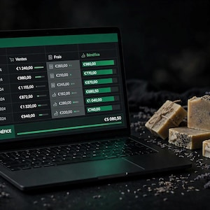 May include: A laptop screen displays a financial spreadsheet with columns for Ventes, Frais, and Bénéfice, showing daily totals in Euros. Beside the laptop are several rectangular bars of soap tied with twine and sprigs of dried lavender.