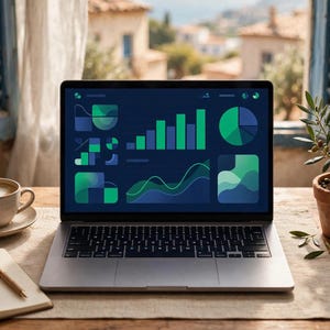 May include: A silver laptop displaying a dark blue screen with various green and blue data charts, graphs, and diagrams. The laptop sits on a light-coloured mat next to a white coffee cup, a notebook with a pen, and a small potted olive tree.
