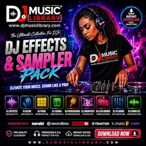 Może przedstawiać: Obraz promocyjny dla DJ Music Library, przedstawiający kobietę w słuchawkach obsługującą mikser Pioneer DJ. Obraz zawiera tekst "DJ Effects & Sampler Pack" oraz różne ikony reprezentujące narzędzia DJ-skie. Adres strony internetowej to www.djmusiclibrary.com.