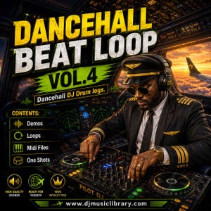 May include: A digital music production pack cover titled DANCEHALL BEAT LOOP VOL.4 featuring a pilot in a cockpit operating a DJ controller. The text includes CONTENTS: Demos, Loops, Midi Files, One Shots, and the website www.djmusiclibrary.com.