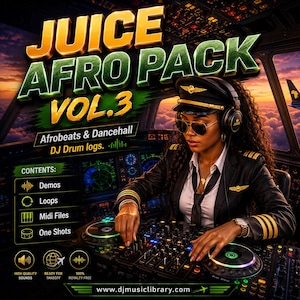 May include: A digital music production pack cover titled JUICE AFRO PACK VOL.3 featuring a pilot wearing a uniform, cap, and headphones, operating a DJ controller in a cockpit. Text includes Afrobeats & Dancehall, DJ Drum logs, and contents list.