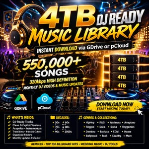 Könnte beinhalten: Eine digitale 4TB DJ-Musikbibliothek-Werbung mit goldenen Kopfhörern, einem DJ-Controller und Text, der 550.000+ Songs, 320kbps High Definition, monatliche Updates und Download-Optionen über GDrive oder pCloud sowie verschiedene Genres auflistet.