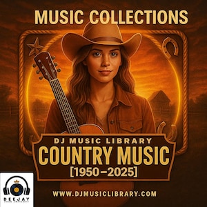Può includere: Opera d'arte digitale che promuove una collezione di musica country. Una donna con cappello da cowboy e camicia marrone tiene una chitarra. Il testo recita "MUSIC COLLECTIONS" e "COUNTRY MUSIC [1950-2025]" con un indirizzo web. Sono presenti anche un ferro di cavallo e una stella.