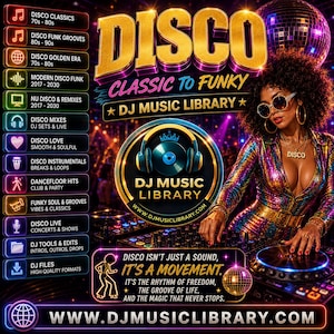 May include: Digital artwork advertising a DJ music library, featuring a woman in a sequined outfit and DJ equipment. The image prominently displays the words "DISCO" and "DJ MUSIC LIBRARY," along with music genres and website details.