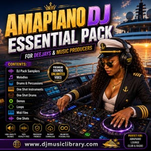 Op de afbeelding: Een digitaal muziekproductiepakket getiteld Amapiano DJ Essential Pack for Deejays & Music Producers. De afbeelding toont een persoon met een kapiteinspet en uniform die een DJ-controller gebruikt, met een lijst van inhoud zoals samples, loops en MIDI-bestanden.