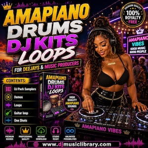 May include: A digital promotional graphic for Amapiano Drums DJ Kits Loops featuring a person using a DJ controller. The text includes 'AMAPIANO DRUMS DJ KITS LOOPS', 'FOR DEEJAYS & MUSIC PRODUCERS', 'CONTENTS', and '100% ROYALTY FREE' with icons.