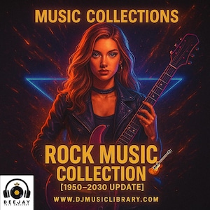 May include: Digital art featuring a woman with long auburn hair holding a red electric guitar. The image has text that reads "MUSIC COLLECTIONS" and "ROCK MUSIC COLLECTION [1950-2030 UPDATE]" with a website address. The background is dark with neon blue and orange accents.