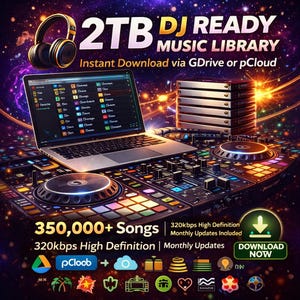 Puede incluir: Anuncio digital para una biblioteca de música DJ de 2 TB. La imagen presenta una computadora portátil que muestra archivos de música, una mesa de mezclas de DJ, auriculares y el texto "2TB DJ Ready Music Library". También incluye el texto "350,000+ Songs" y "Download Now".