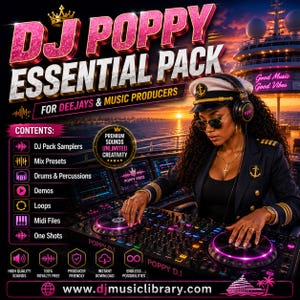May include: A digital promotional graphic for DJ Poppy Essential Pack featuring a person in a captain's hat and uniform operating a DJ controller. The text includes contents like DJ Pack Samplers, Mix Presets, Drums, and the website djmusiclibrary.com.