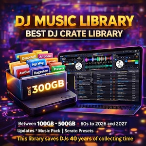 May include: A digital DJ music library with the text "DJ MUSIC LIBRARY BEST DJ CRATE LIBRARY". The image shows a laptop displaying DJ software next to a hard drive with folders labeled "Dancehall", "Afrobeat", "Hip Hop", and more. The hard drive says "300GB".