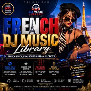 May include: A promotional graphic for a French DJ music library. The design features the Eiffel Tower, a woman wearing headphones, and text in French and English. The graphic promotes various music genres and high-quality MP3 downloads.