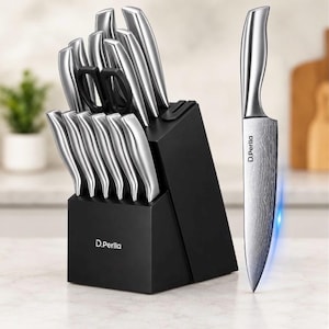 May include: A set of stainless steel kitchen knives with silver handles and a black block. The block features the text D.Perlla. One knife stands upright next to the block, displaying a patterned blade with the D.Perlla logo printed on the metal surface.