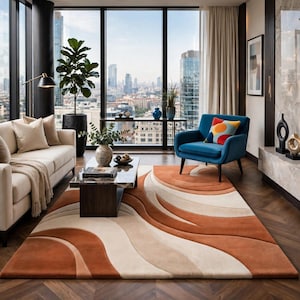 Modern Abstract Area Rug, Terracotta and Cream Wave Rug, Contemporary Geometric Carpet, Living Room Rug, Boho Modern Home Decor, Large Floor