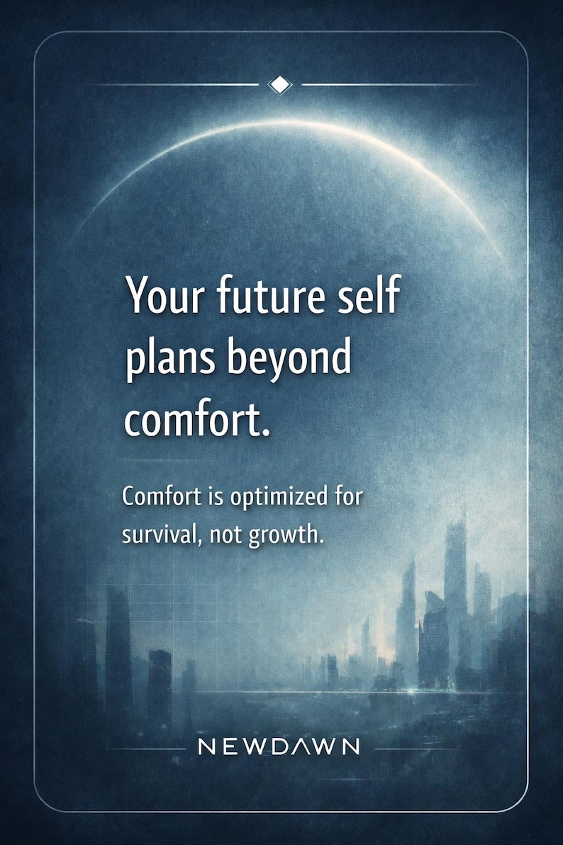 May include: A motivational poster with a gradient blue background. The text reads "Your future self plans beyond comfort." and "Comfort is optimized for survival, not growth." The logo "NEWDAWN" is at the bottom.