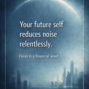 May include: An inspirational graphic with a gradient blue background. The text reads "Your future self reduces noise relentlessly. Focus is a financial asset." The bottom of the image displays the word "NEWDAWN".