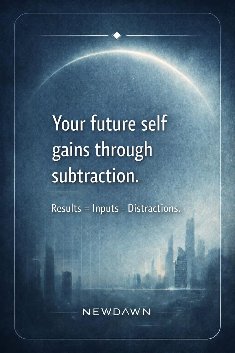 May include: A motivational poster with a gradient blue background. The text reads "Your future self gains through subtraction. Results = Inputs - Distractions." A cityscape silhouette is at the bottom, with the word "NEWDAWN" below it.