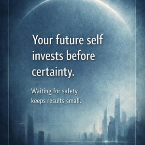 May include: An inspirational poster with a gradient blue background. The text reads "Your future self invests before certainty. Waiting for safety keeps results small." The word "NEWDAWN" is at the bottom.