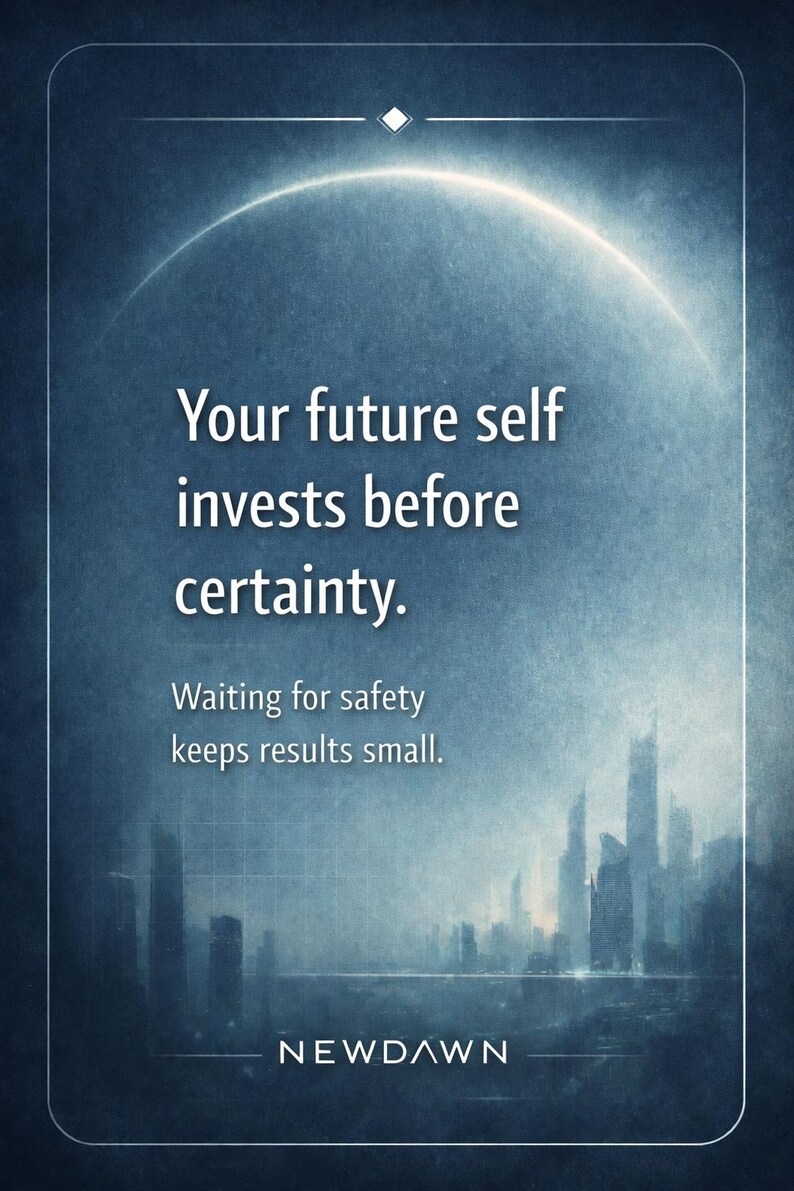 May include: An inspirational poster with a gradient blue background. The text reads "Your future self invests before certainty. Waiting for safety keeps results small." The word "NEWDAWN" is at the bottom.
