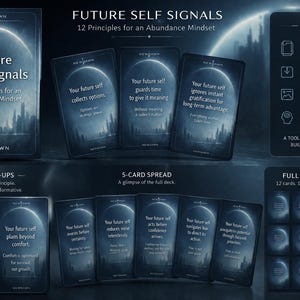 May include: A promotional image for "Future Self Signals" cards. The image displays the card deck, individual cards with text, and a 5-card spread. The cards have a dark blue background with white text. The text includes "12 Principles for an Abundance Mindset."