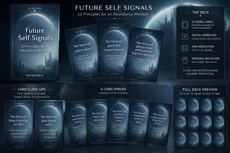 May include: A promotional image for "Future Self Signals" cards. The image displays the card deck, individual cards with text, and a 5-card spread. The cards have a dark blue background with white text. The text includes "12 Principles for an Abundance Mindset."