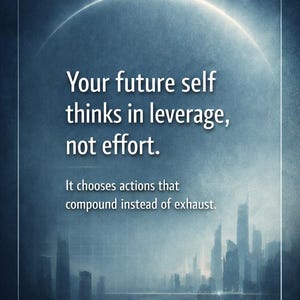 May include: A motivational poster with a dark blue gradient background. The text reads "Your future self thinks in leverage, not effort." and "It chooses actions that compound instead of exhaust." The New Dawn logo is at the bottom.
