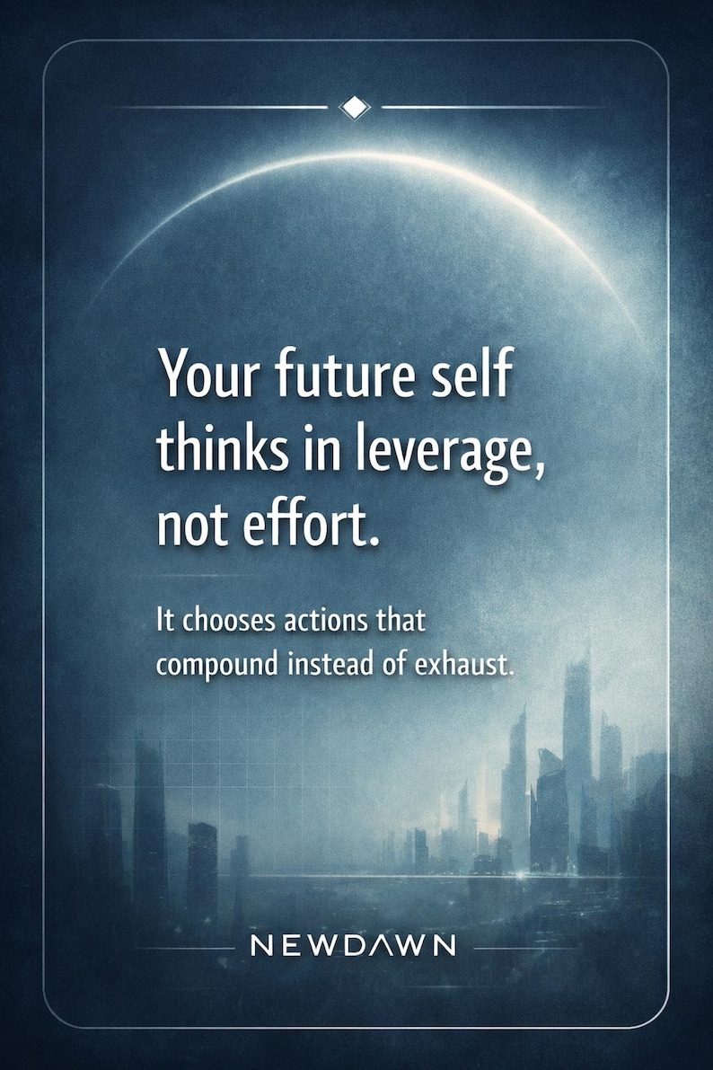 May include: A motivational poster with a dark blue gradient background. The text reads "Your future self thinks in leverage, not effort." and "It chooses actions that compound instead of exhaust." The New Dawn logo is at the bottom.