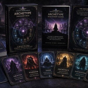 May include: A dark-themed Archetype Discovery Deck and Guide set. The box and guide feature the text "Archetype Discovery" and "New Dawn Universe Archive." Several cards are displayed, each with a unique illustration and title, including "Oracle," "Warrior," and "Sage."