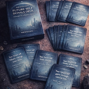 May include: A deck of cards titled "FUTURE SELF SIGNALS DECK" with the text "12 Principles for an Abundance Mindset." The cards are dark blue with white text and a cityscape design. The box and cards are arranged on a textured surface.