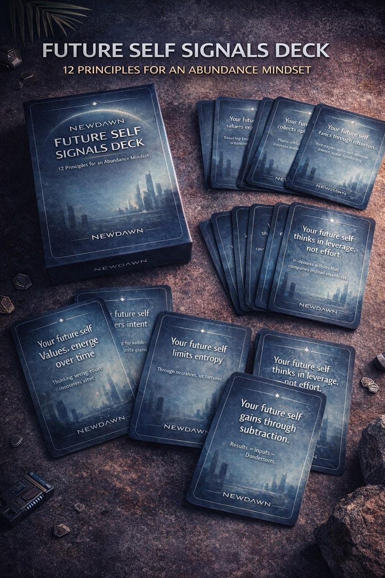 May include: A deck of cards titled "FUTURE SELF SIGNALS DECK" with the text "12 Principles for an Abundance Mindset." The cards are dark blue with white text and a cityscape design. The box and cards are arranged on a textured surface.