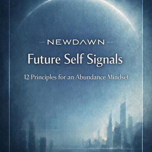 May include: A book cover with a blue and white gradient background. The title "Future Self Signals" is displayed in large white text, with the subtitle "12 Principles for an Abundance Mindset". The word "NEWDAWN" is at the top.