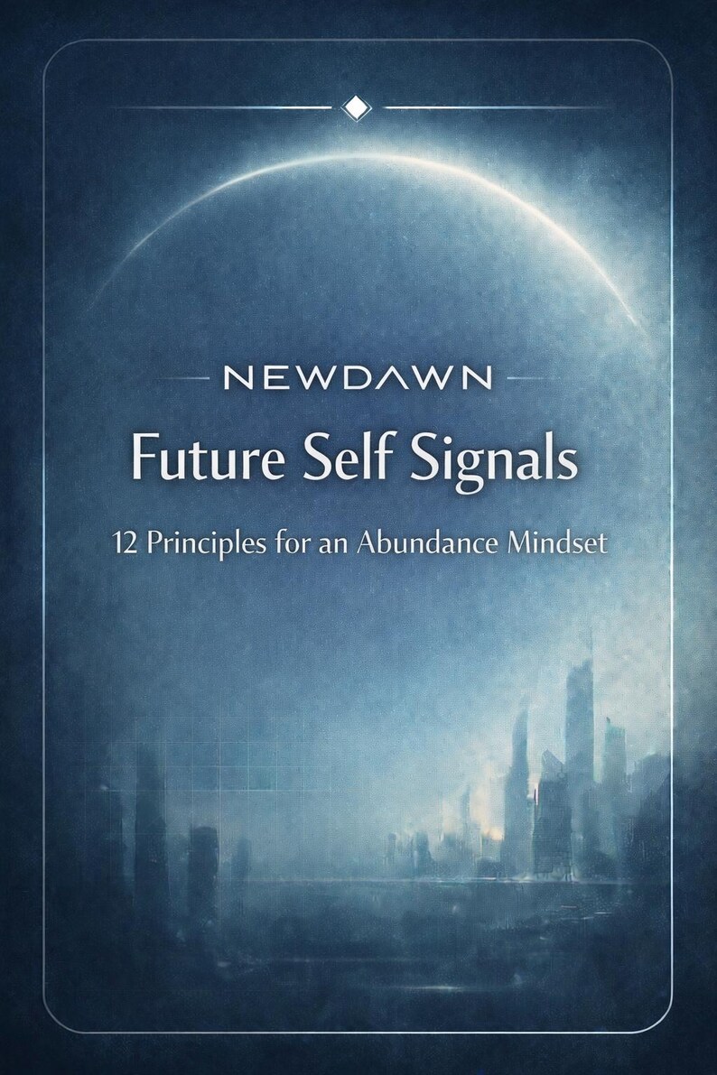 May include: A book cover with a blue and white gradient background. The title "Future Self Signals" is displayed in large white text, with the subtitle "12 Principles for an Abundance Mindset". The word "NEWDAWN" is at the top.