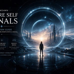 Puede incluir: Arte digital con el texto "FUTURE SELF SIGNALS" y "REFLECTION GUIDE". Una persona se encuentra frente a un paisaje urbano futurista dentro de un anillo brillante. La imagen tiene una combinación de colores oscuros, azules y blancos.