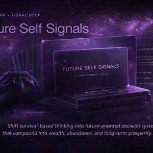 May include: A deck of "Future Self Signals" cards with a dark purple and black design. The cards are stacked and fanned out, with a small drawstring bag to the left. The text on the cards reads "Future Self Signals" and "13-Card Mindset Deck".