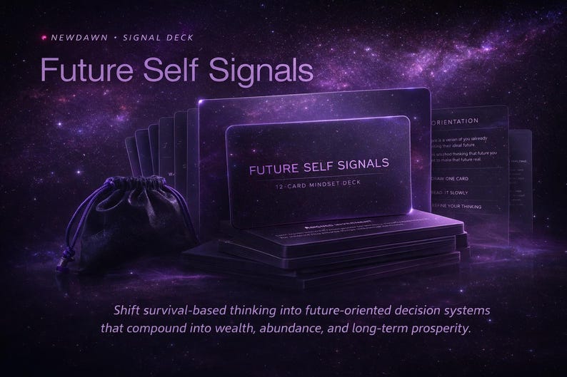 May include: A deck of "Future Self Signals" cards with a dark purple and black design. The cards are stacked and fanned out, with a small drawstring bag to the left. The text on the cards reads "Future Self Signals" and "13-Card Mindset Deck".