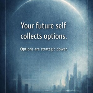 May include: A digitally created image with a gradient blue background. The text "Your future self collects options" is displayed in white, along with "Options are strategic power." A cityscape silhouette is at the bottom, and the word "NEWDAWN" is at the bottom.