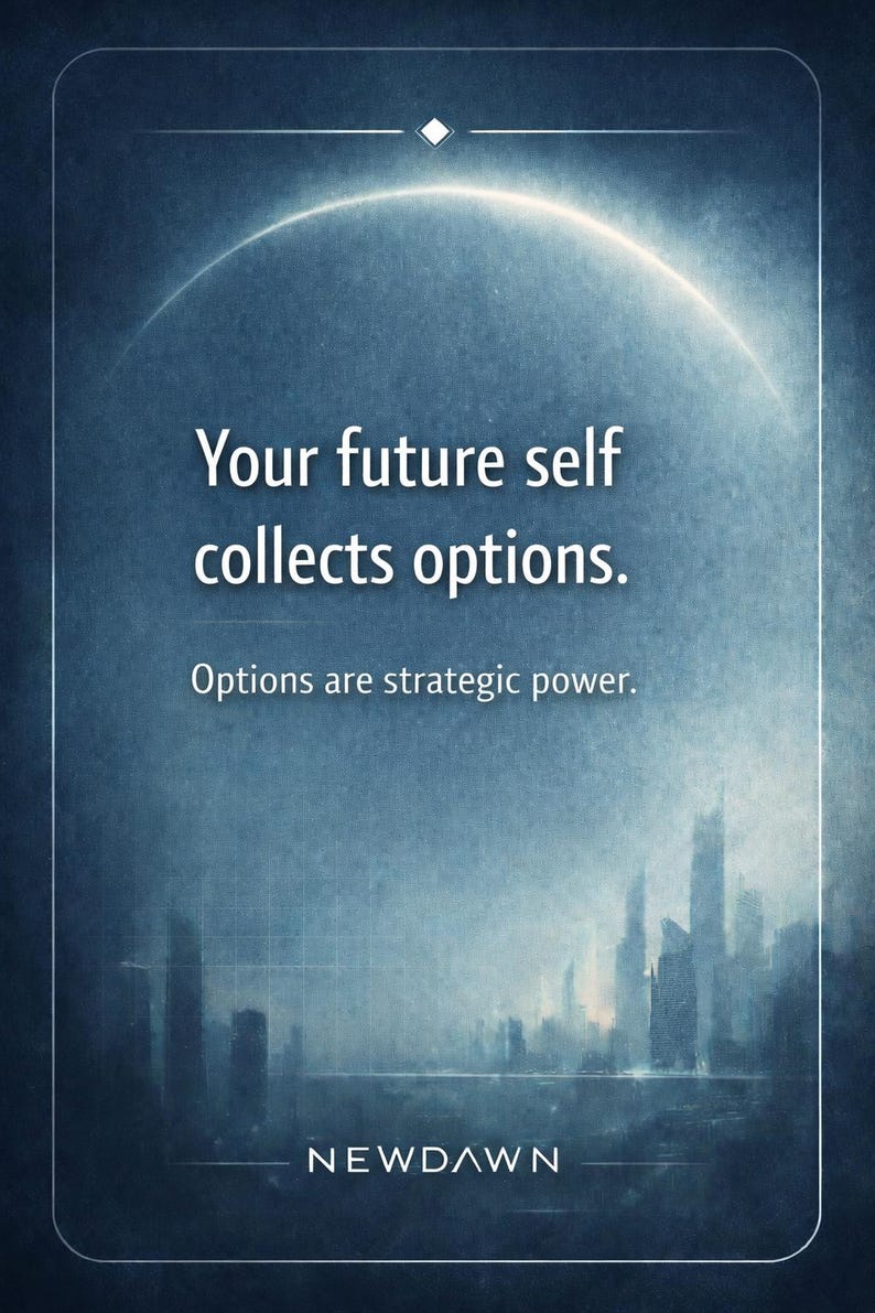 May include: A digitally created image with a gradient blue background. The text "Your future self collects options" is displayed in white, along with "Options are strategic power." A cityscape silhouette is at the bottom, and the word "NEWDAWN" is at the bottom.