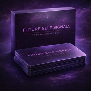 May include: A purple box and a deck of cards with the text "FUTURE SELF SIGNALS" and "12-CARD MINDSET DECK" in white. The background is a dark purple with a galaxy-like design. The cards are stacked neatly next to the box.