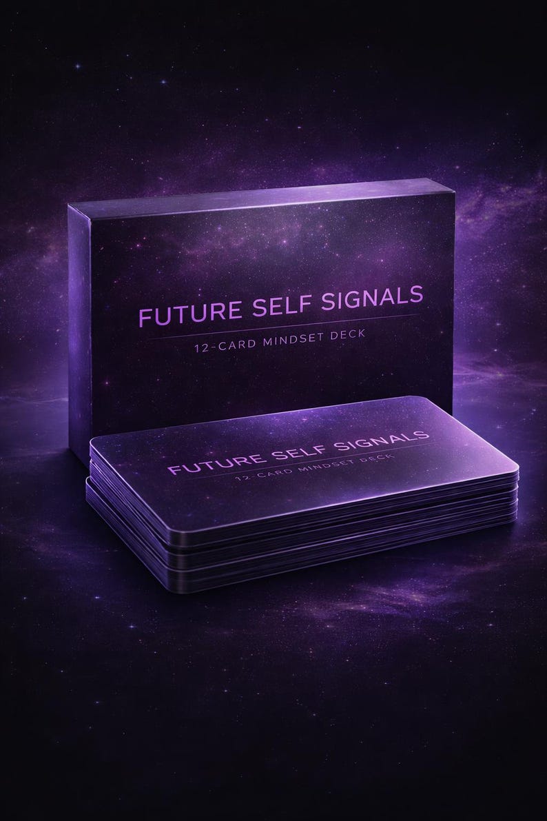 May include: A purple box and a deck of cards with the text "FUTURE SELF SIGNALS" and "12-CARD MINDSET DECK" in white. The background is a dark purple with a galaxy-like design. The cards are stacked neatly next to the box.