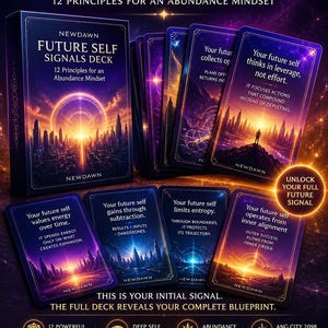 May include: A deck of "Future Self Signals" oracle cards with a dark blue box and individual cards. The cards feature text and graphics with a celestial theme. The text includes phrases like "Abundance Mindset" and "Inner Alignment."
