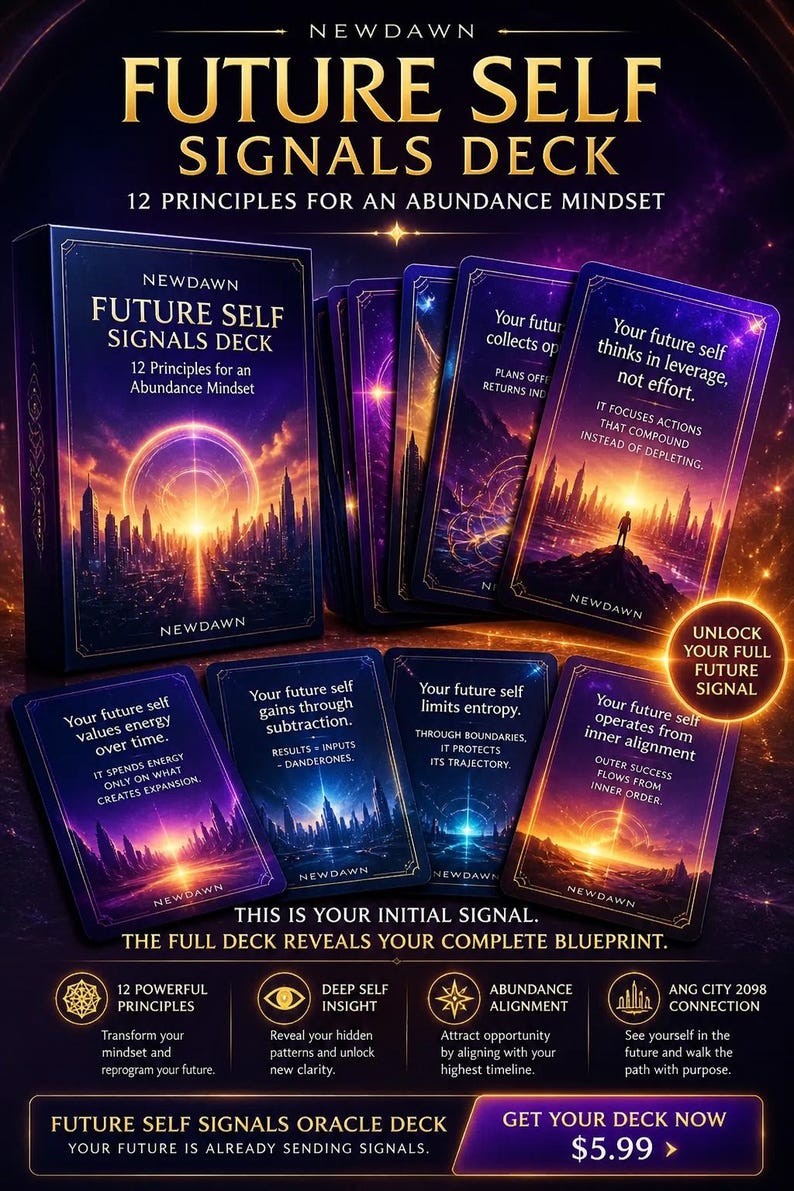 May include: A deck of "Future Self Signals" oracle cards with a dark blue box and individual cards. The cards feature text and graphics with a celestial theme. The text includes phrases like "Abundance Mindset" and "Inner Alignment."