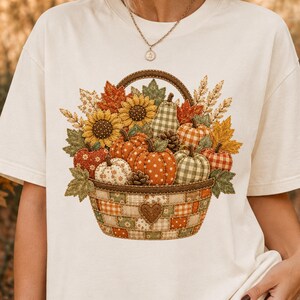 Patchwork Pumpkin Patch PNG, Quilted Fall Harvest Basket, Gingham Polka dot Pumpkin Sublimation, Farmhouse Autumn Sublimation