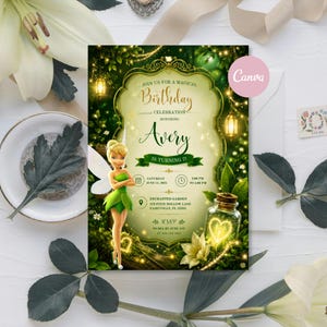 Może przedstawiać: Prostokątne zaproszenie urodzinowe z tłem zielonego lasu, świecącymi lampionami i postacią wróżki. Tekst brzmi: Join us for a magical birthday celebration honoring Avery is turning 7, Saturday June 14, 2025, 2:00 PM to 5:00 PM, Enchanted Garden 123 Pixie Hollow Lane Fairyville, FL 12345, RSVP to Mia at 555-123-4567.