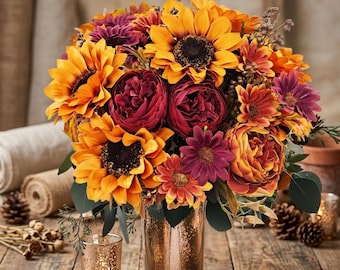 Artificial Sunflower Silk Bouquet, Spring Floral Arrangement, Wedding Vase Display Home Decor