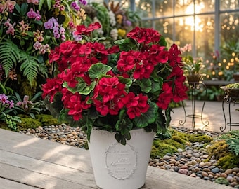 Realistic Red Geranium Artificial Flowers, 19" UV Resistant Faux Plants for Decor
