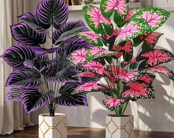 Set of 2 Pink Purple Caladium Plants: Faux Bonsai Floral Arrangement Home Decor